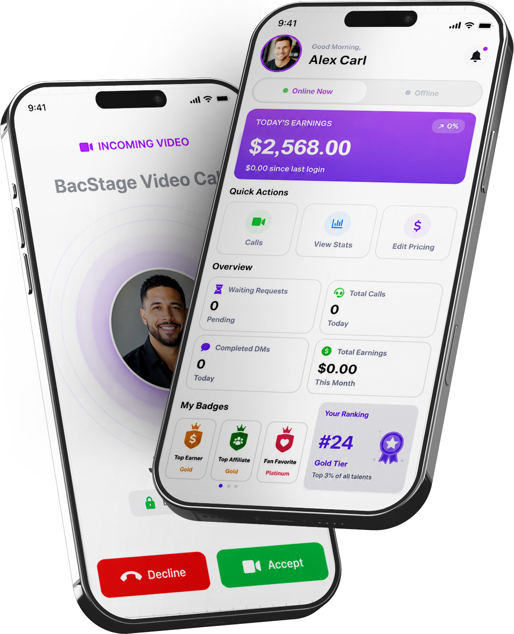 BacStage talent dashboard showing bookings, schedule and earnings